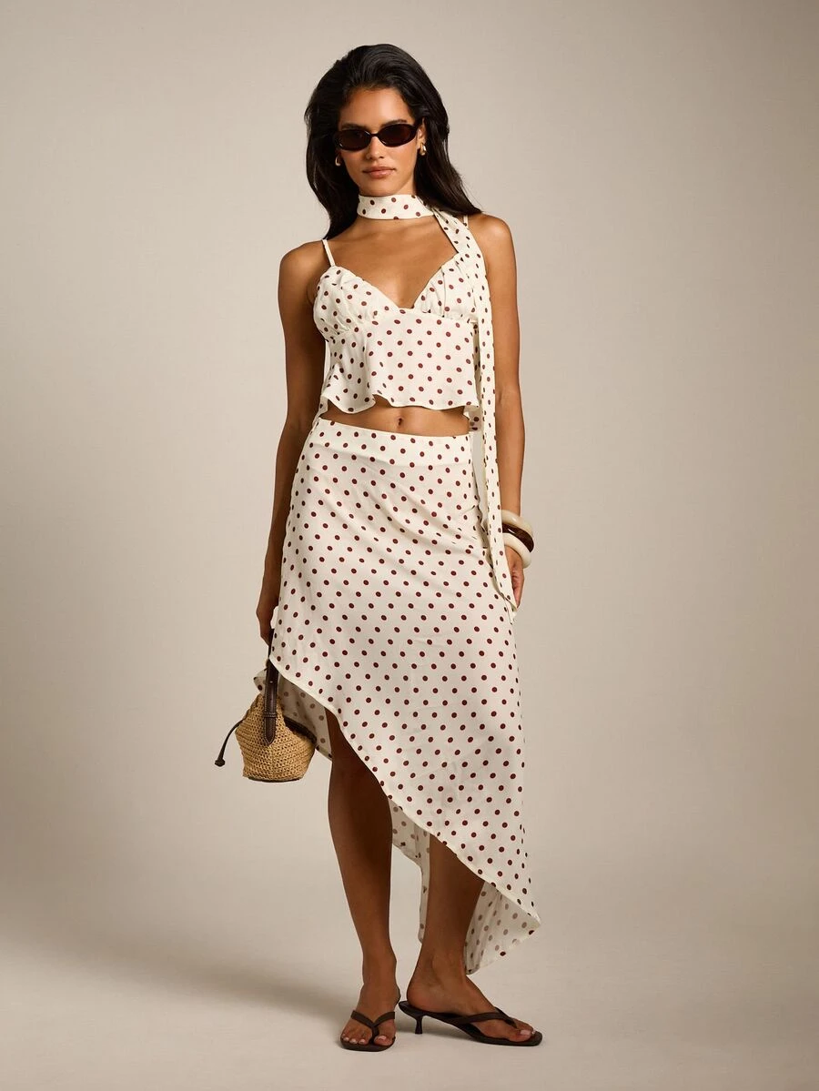 AiiRZ Polka Dot Asymmetric Skirt With Flowing Hem And High Rise Waist Summer Holiday Style French Elegant Brunch Vacation Brown And White - Apricot - View 1