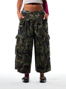 SUMWON WOMEN Camo Cargo Wide Leg Pants With Multi Pockets Raw Hem And Adjustable Belt Detail - Multicolor - View 4