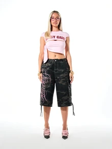 SUMWON WOMEN Camo Cargo Bermuda Shorts With Pink Script Embroidery And Drawstring Hem Detail Knee Length - Army Green - View 3