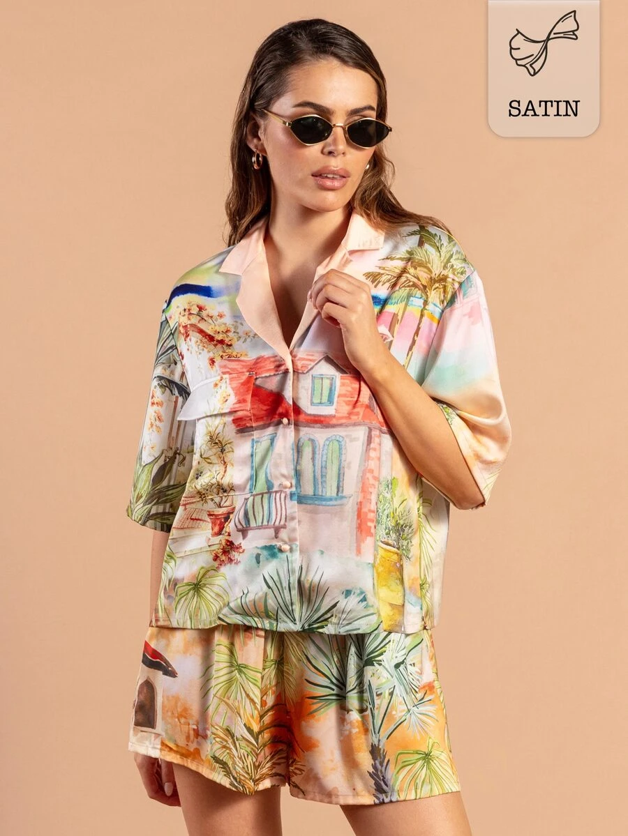 Rouah Womens Riviera Printed Satin Revere Collar Blouse And Shorts Casual Set - Summer Set, Summer 2 Piece Outfit, Beach Set, Pool Cover Up, Brunch Set, Pool Party Set, Summer Party, Vacay Set - Multicolor - View 1
