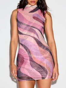KIZN Rhinestone Embellished Sleeveless Mini Bodycon Dress With High Neck Abstract Swirl Print Party Night Out - Multicolor - View 2