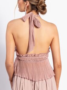 Rouah Womens Textured Pleated Plunge Peplum With Open Back And Ruffle Hem - Boho Top, Festival Top, Office Top, Summer Top, Party Top - Pink - View 2