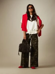 MISSGUIDED تي شيرت فضفاض بياقة طاقم وأكمام قصيرة مع خصر منخفض وحافة برباط سحب وخصر مطاطي مجعد، ملابس علوية كاجوال للصيف - أبيض - مشاهدة 3