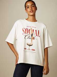 MISSGUIDED 寬鬆版型 Dive Bar Social Club 印花復古風圓領短袖方正 T-shirt - 白色 - 查看 5