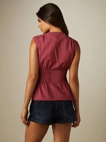 MISSGUIDED 格紋褶皺無袖V領鈕扣式上衣 抓皺腰部荷葉邊夏季上衣 - 彩色 - 查看 2