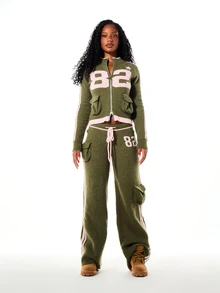 SUMWON WOMEN Varsity Numeric Knitted Wide Leg Cargo Jogger Pants With Side Stripe Drawstring Waist Star Detail - Green - View 4