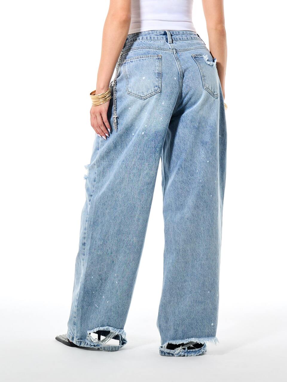 SUMWON WOMEN Vintage Wash Baggy Wide Leg Jeans With Distressed Knees Paint Splatter And Novelty Badge Embellishments
