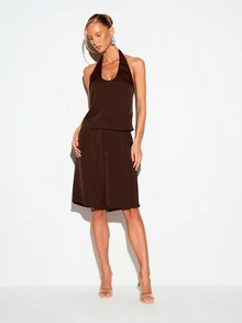 KIZN Satin Finish Elastic Waist Midi Shorts With Front Slit Knee Length Flowing Summer Style - Chocolate Brown - View 4