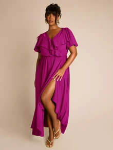 FASHION SZN Große Größen Rüschen Wickel Maxi Kleid Grün Gewebter weicher Stoff Anlass Große Größen Hochzeitsgast Kleid Sommer Urlaub Outfit Grünes Kleid Statement lockerer Schnitt elegant Kurzarm schick Gartenparty Geburtstag - Violett - Übersicht 1