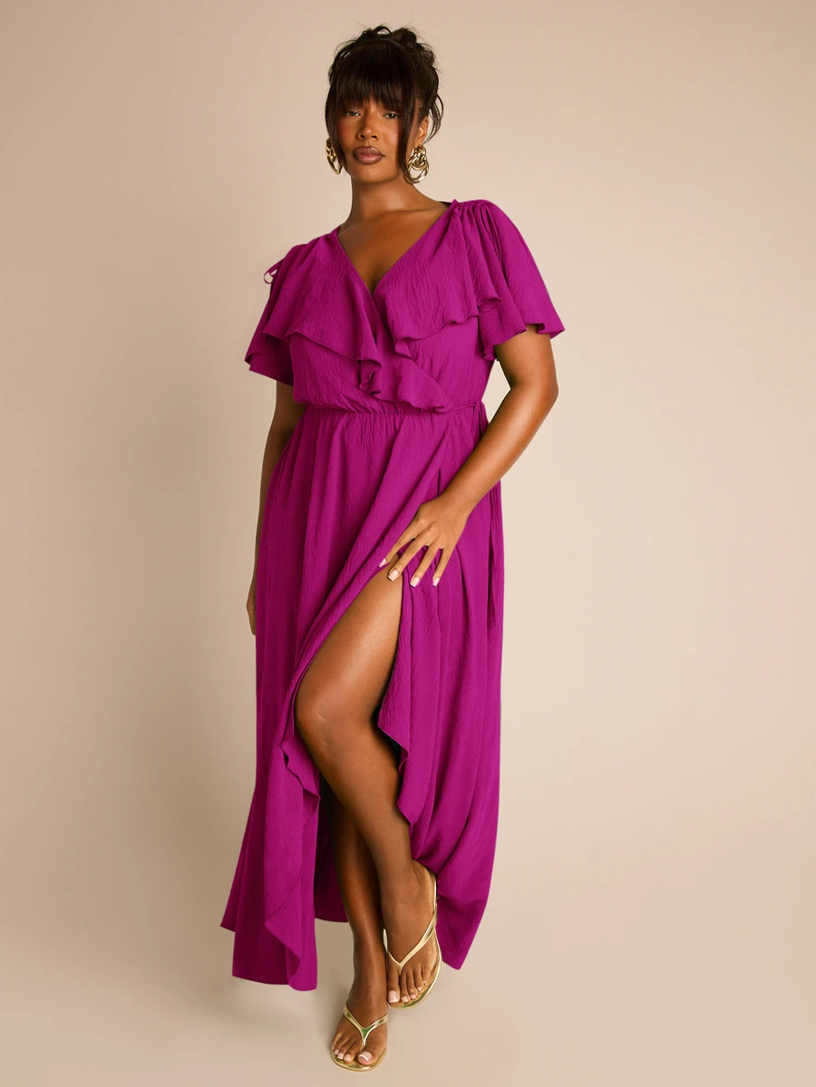 FASHION SZN Große Größen Rüschen Wickel Maxi Kleid Grün Gewebter weicher Stoff Anlass Große Größen Hochzeitsgast Kleid Sommer Urlaub Outfit Grünes Kleid Statement lockerer Schnitt elegant Kurzarm schick Gartenparty Geburtstag - Violett - Übersicht 1