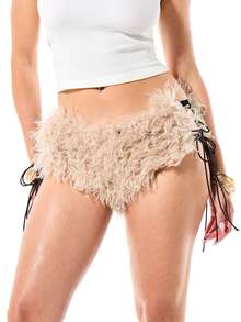 SUMWON WOMEN Faux Fur Hot Pants With Side Tie Lace-Up Detail Ultra Mini Fluffy Micro Shorts Festival Party Night Out - Camel - View 1