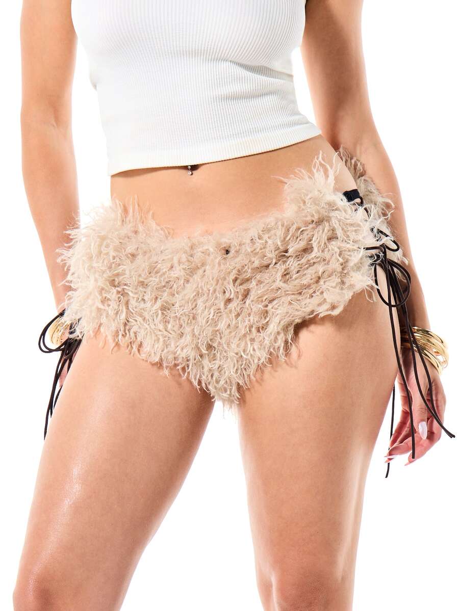 SUMWON WOMEN Faux Fur Hot Pants With Side Tie Lace-Up Detail Ultra Mini Fluffy Micro Shorts Festival Party Night Out - Camel - View 1