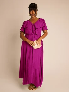FASHION SZN Große Größen Rüschen Wickel Maxi Kleid Grün Gewebter weicher Stoff Anlass Große Größen Hochzeitsgast Kleid Sommer Urlaub Outfit Grünes Kleid Statement lockerer Schnitt elegant Kurzarm schick Gartenparty Geburtstag - Violett - Übersicht 3