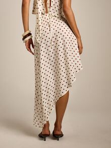 AiiRZ Polka Dot Asymmetric Skirt With Flowing Hem And High Rise Waist Summer Holiday Style French Elegant Brunch Vacation Brown And White - Apricot - View 3