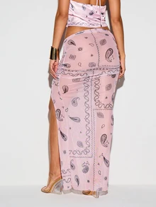 KIZN Paisley Print Mesh Maxi Skirt With Front Knot Tie Detail And High Slit Summer Festival - Pink - View 3