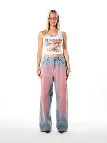 SUMWON WOMEN Baggy Wide Leg Jeans With Pink Spray Dye Effect, Low Rise Denim Pants, Vintage-Inspired Street Style - Light Wash - View 3