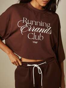 MISSGUIDED Camiseta Corta Oversize con Estampado de Guion Running Errands Club y Cuello Redondo, Camiseta Casual de Uso Diario - Café integral - Ver 5