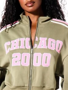 SUMWON WOMEN Chicago 2000 Varsity 印花全開襟短版運動衫，側邊條紋設計，假領 - 彩色 - View 4