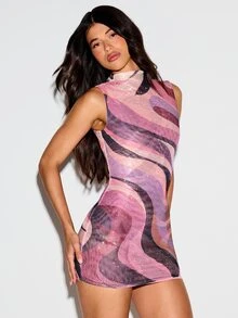 KIZN Rhinestone Embellished Sleeveless Mini Bodycon Dress With High Neck Abstract Swirl Print Party Night Out - Multicolor - View 6