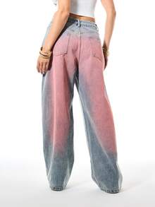 SUMWON WOMEN Baggy Wide Leg Jeans With Pink Spray Dye Effect, Low Rise Denim Pants, Vintage-Inspired Street Style - Light Wash - View 2