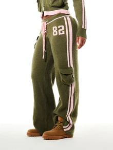 SUMWON WOMEN Varsity Numeric Knitted Wide Leg Cargo Jogger Pants With Side Stripe Drawstring Waist Star Detail - Green - View 1