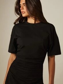 MISSGUIDED 抓皺收腰圓領短袖T恤，不對稱下擺搭配蕾絲飾邊細節 - 黑色 - 查看 5
