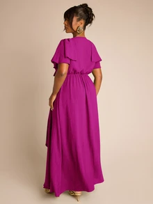 FASHION SZN Große Größen Rüschen Wickel Maxi Kleid Grün Gewebter weicher Stoff Anlass Große Größen Hochzeitsgast Kleid Sommer Urlaub Outfit Grünes Kleid Statement lockerer Schnitt elegant Kurzarm schick Gartenparty Geburtstag - Violett - Übersicht 2
