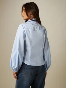 MISSGUIDED 前襟繫帶領口襯衫，泡泡長袖束腰風上衣，休閒時尚春夏上衣 - 藍色 - 查看 2