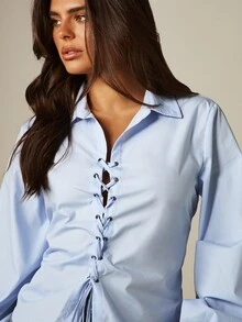 MISSGUIDED 前襟繫帶領口襯衫，泡泡長袖束腰風上衣，休閒時尚春夏上衣 - 藍色 - 查看 5