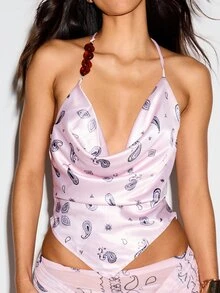 KIZN Paisley Print Cowl Neck Halter Cami Top With Tie Back Beaded Strap Satin Crop Summer Festival - Pink - View 4