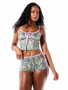 SUMWON WOMEN Camo Print Contrast Pink Binding Lace-Up Crop Cami Top And Side-Tie Booty Shorts Pajama Set - Army Green - View 4