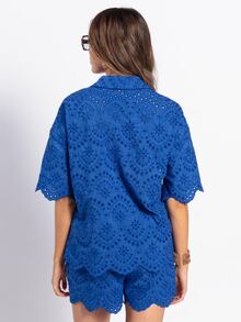 Rouah 女款素色刺繡上衣與短褲休閒套裝 - 夏季套裝、夏季兩件式套裝、海灘套裝、泳池罩衫、早午餐套裝、泳池派對套裝、夏季派對 - 藍色 - 查看 2