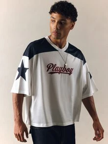 PLAYBOY X SUMWON Collab Boxy Fit Color Block Mesh Jersey T-Shirt With Bunny Logo Back Print - Multicolor - View 6