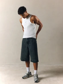 PLAYBOY X SUMWON Bunny Embroidered Dark Wash Baggy Denim Jorts Wide Leg Below Knee Length Shorts Summer Festival Style - Blue - View 3
