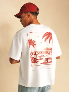 SUMWON Beach Club Oversized Graphic Tee With Summer Scene Back Print And Embroidered Logo Short Sleeve Crew Neck T-Shirt - White - View 1
