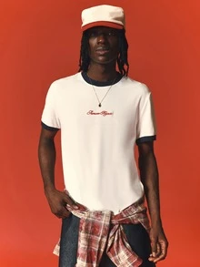 SUMWON Rejects Embroidered Script Logo Shrunken Fit Ringer Crew Neck Short Sleeve Tee Summer Casual Streetwear - Beige - View 4