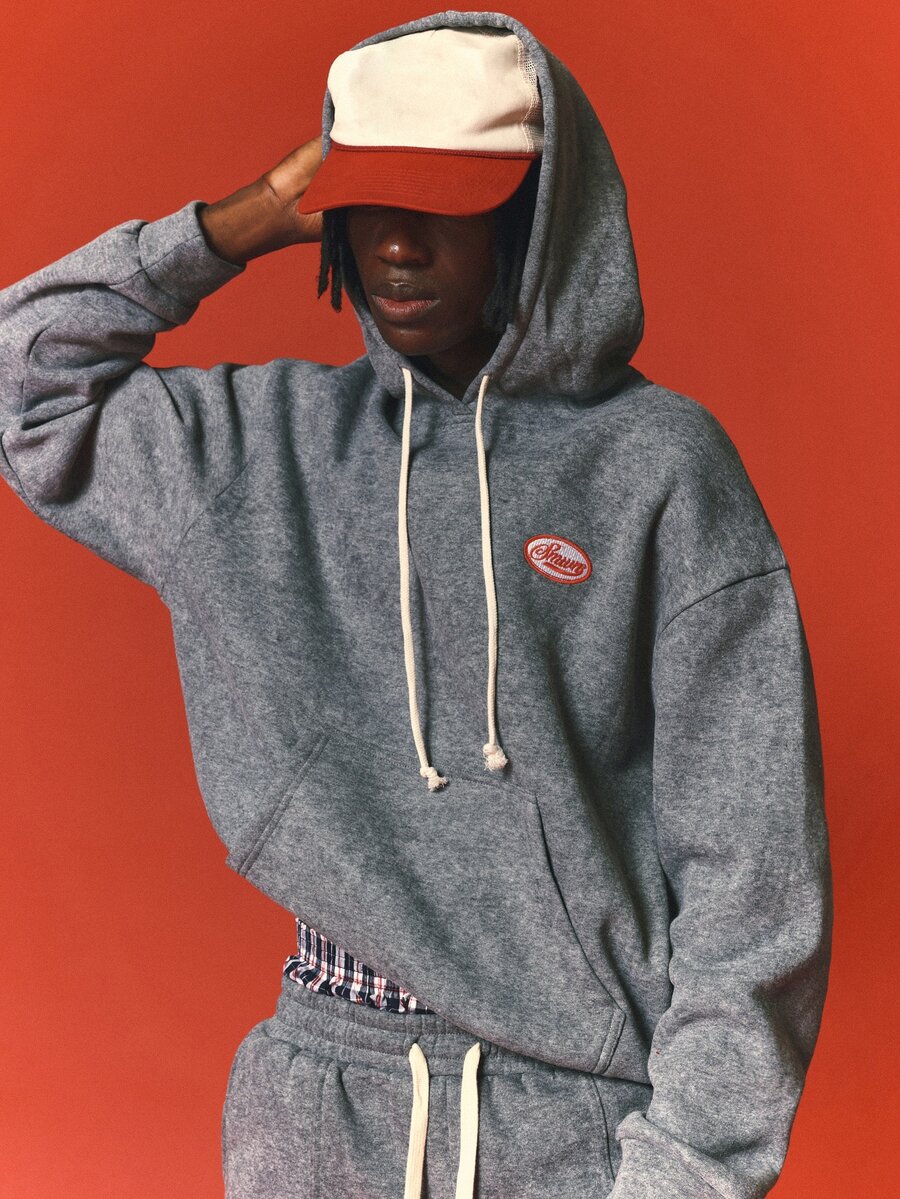 SUMWON Oversized Washed Fleece Pullover Hoodie With Centre Pocket And Oval Logo Patch Detail - Dark Grey - View 1