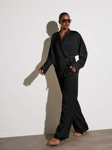 KSTM Wrap Style Lightweight Blazer With Notch Collar Single Button Closure And Long Balloon Sleeves - Black - View 4