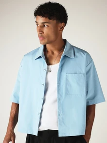 SUMWON Design Cropped Short Sleeve Shirt With Chest Pocket And Back Logo Print - Dusty Blue - View 4