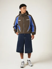 SUMWON Colorblock Hooded Full-Zip Windbreaker Jacket With Contrast Piping And Back Logo Print - Brown - View 3