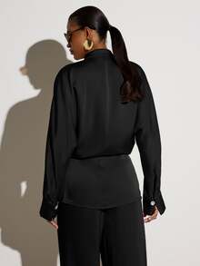 KSTM Wrap Style Lightweight Blazer With Notch Collar Single Button Closure And Long Balloon Sleeves - Black - View 5