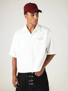 SUMWON Club Boxy Crop Fit Short Sleeve Button-Up Shirt With Embroidered Script Logo And Chest Pocket Summer Casual - White - View 4