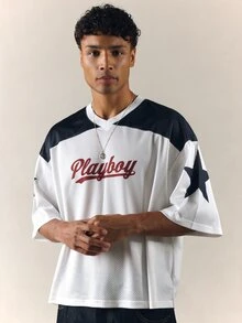 PLAYBOY X SUMWON Collab Boxy Fit Color Block Mesh Jersey T-Shirt With Bunny Logo Back Print - Multicolor - View 2