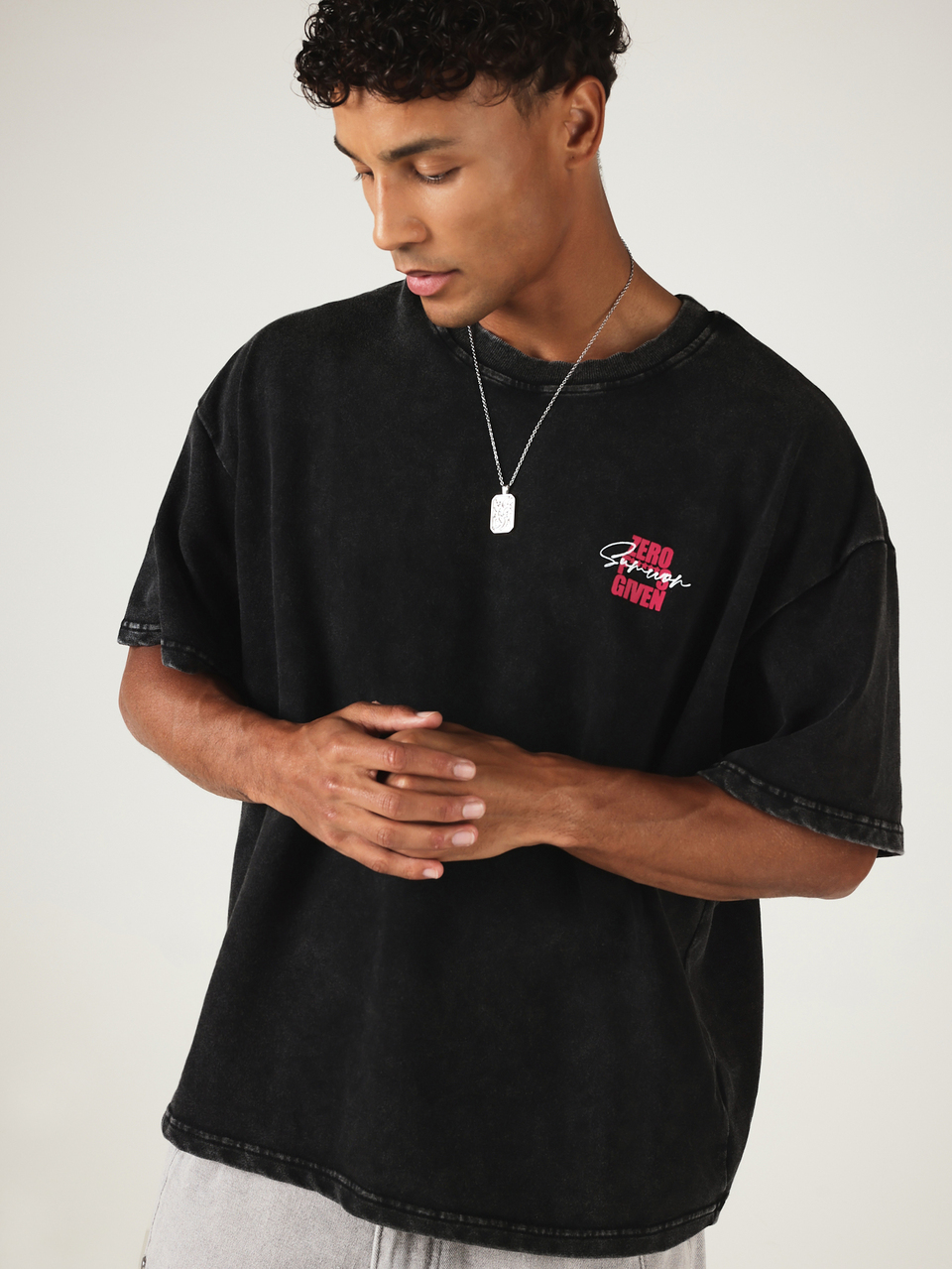 Herren Boxy Fit gewaschenes Grafik T-Shirt mit Zero F Given Slogan Muster, Rundhals, Kurzarm, lässiges T-Shirt