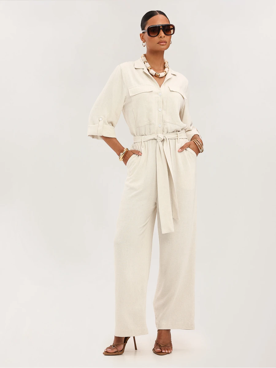 Dancing Leopard Cream Belted Wide Leg Jumpsuit, Everyday Weekend Wear ...