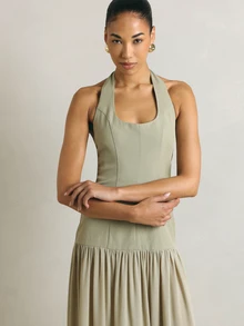 KSTM Halter Neck Drop Waist Maxi Dress With Gathered Skirt Backless Summer Occasion Midi Length Elegant - Green - View 4