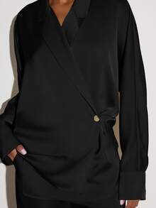 KSTM Wrap Style Lightweight Blazer With Notch Collar Single Button Closure And Long Balloon Sleeves - Black - View 2