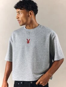 PLAYBOY X SUMWON Bunny Cropped Boxy Fit T-Shirt With Chest Logo And Patriotic Flag Print Back - Grey - View 4