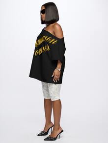 SUMWON WOMEN Off-Shoulder Oversized Sweater Mini Dress With Gold Script Graphic Print Summer Forever Casual Chic Style - Black - View 7