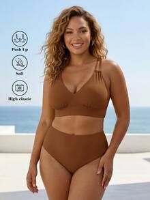 ELLERISSA Conjunto de Bikini Talla Grande Marrón Chocolate Cintura Alta con Espalda de Tiras Cruzadas - Marrón Chocolate - Ver 1
